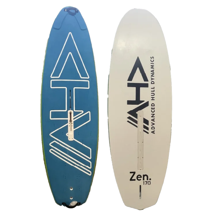 Planche de surf blanche et bleue avec les mots "zen" inscrits dessus