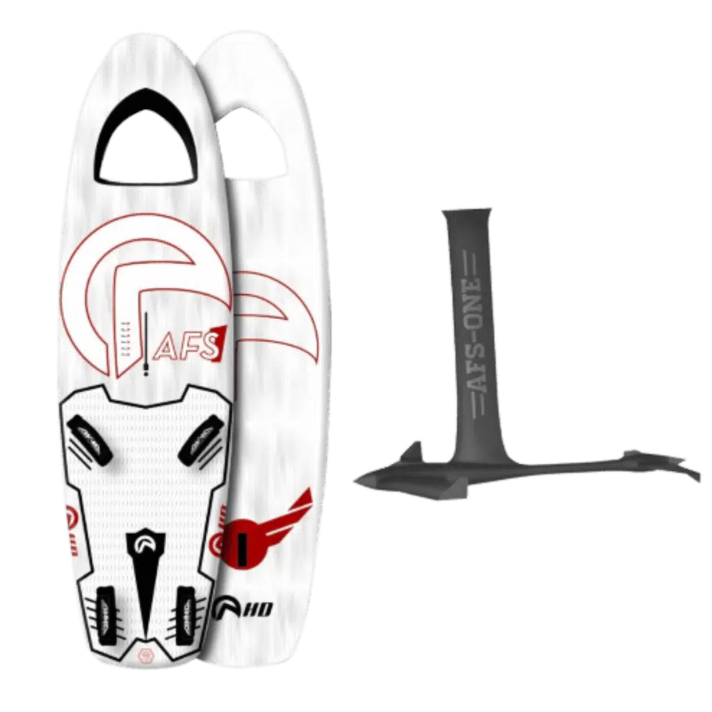 Planche de kitesurf blanche et rouge avec une poignée noire